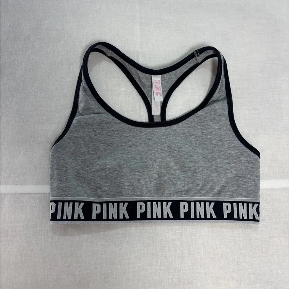 Pink Victoria Secret Gray Sports Bra with Logo Band Size Medium